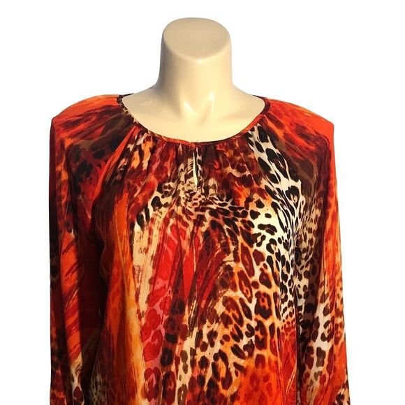 Zac Rachel Top LARGE Red Orange Brown Animal Print Long Sl Keyhole Cute - Picture 2 of 7